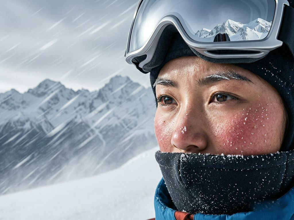 强风雪环境下登山者面部特写