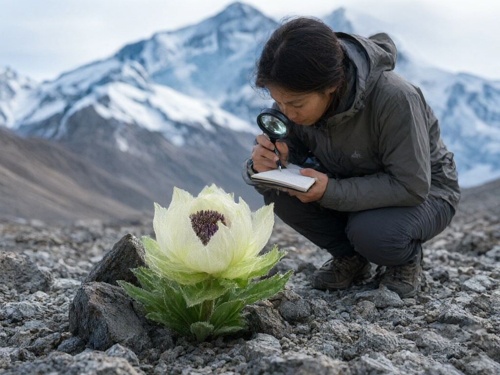 会员在流石滩用放大镜观察雪莲花