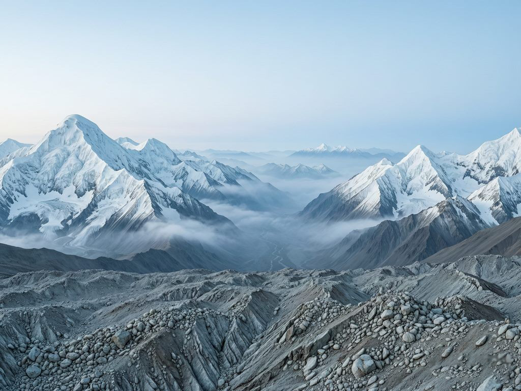 高原雪山与冰川流石滩的辽阔全景