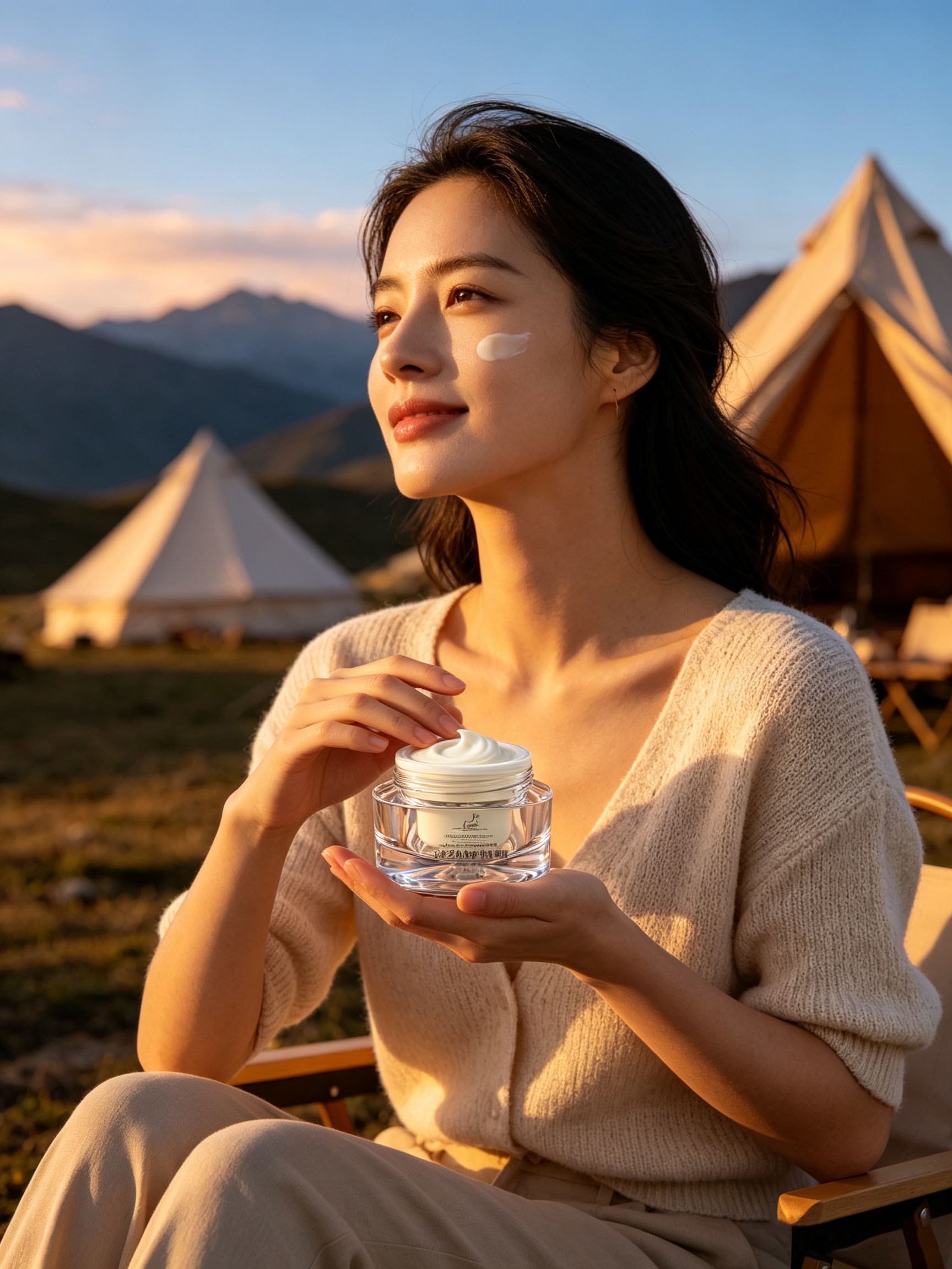 高原营地黄昏中使用修护精华的旅途场景